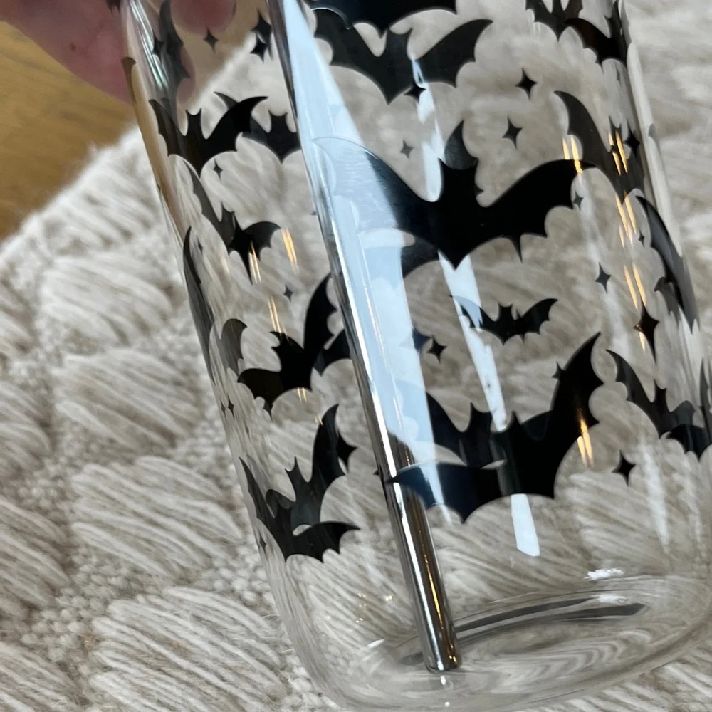 NWOT Clear Glass Tumbler with Black Bat Design